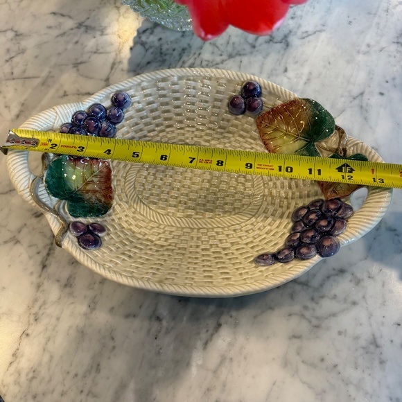 Fitz & Floyd Ironstone oval ceramic basketweave bowl. Features grapes & vines. - Picture 8 of 10